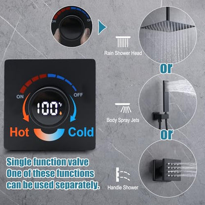 Temperature Display Shower Valve with Wall Mounted Waterfall Tub Faucet Kit Waterfall Tub Spout One Way Shower Deliver Valve - color: Matte Black, style: Adjustable bathtub faucet