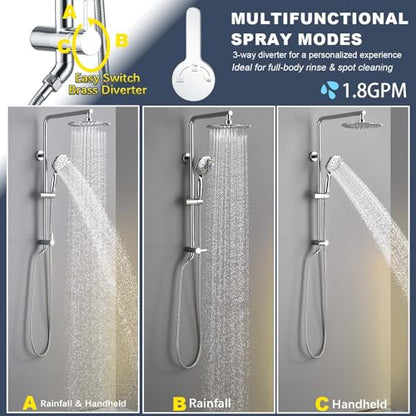 9 Inch Rain Shower Head System with Handheld Spray, Handheld Shower Heads with Multi Spray Modes, Brass Diverter Valve, 360° Swivel Adjustable Rainfall Shower, Chrome Shower Faucet Set for Bathroom - color: Chrome, style: 1.8 Gallons Per Minute-Round