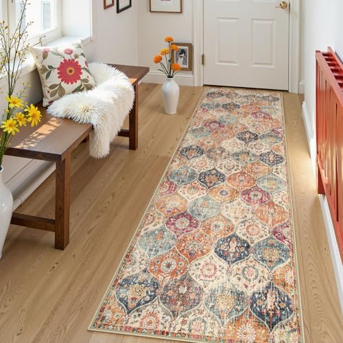 Lahome Moroccan Hallway Runner Rug, 2'5''x8' Ultra-Thin Washable Runners for Hallways Kitchen, Oriental Laundry Room Rug Non-Slip Carpet for Entryway Bedroom Bathroom Elise, Cream/Multi - color: Burnt Orange/Teal Multi, size: 2'5'' X 8' (Runner)
