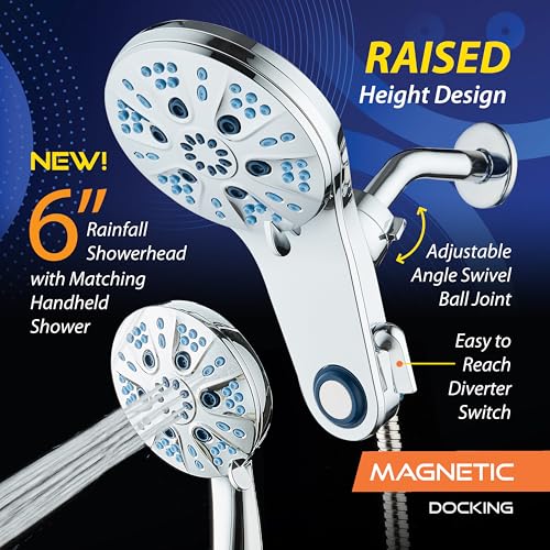 AquaCare Magneton 48-Mode High Pressure Rain & Handheld Shower Head Combo | Space-age Magnetic Guidance Docking, Dual 6-mode Heads with Hygienic Jets, Extra-long 6 ft. Stainless Steel Hose / Chrome - color: Chrome