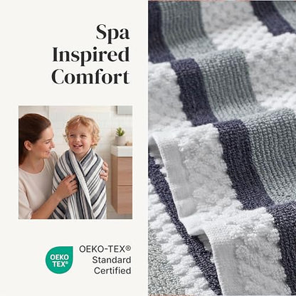 Modern Threads Pax 6-Piece Reversible Yarn Dyed Jacquard Towel Set - Bath Towels, Hand Towels, & Washcloths - Super Absorbent & Quick Dry - 100% Combed Cotton, Denim - color: Blue, style: Wide Stripe