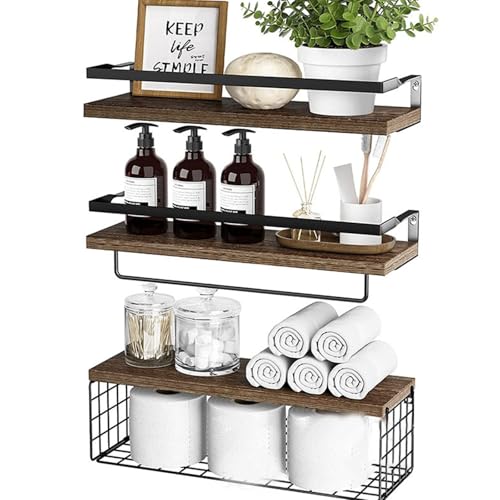 Home Storage Wall Mounted Floating Shelf with Storage Basket,Stylish Wood Over Toilet Rack for Bathroom, Bedroom, Kitchen Organization