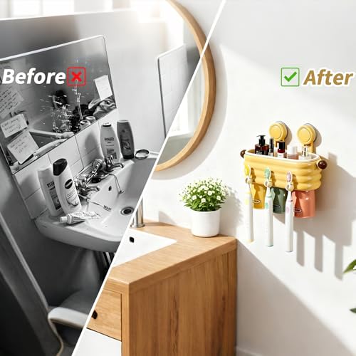 Toothbrush Holder for Bathroom,3 Cups Toothbrush Holder Set Wall Mounted, Ideal Bathroom Accessories Organization (Cream Powder) - color: Cream Powder