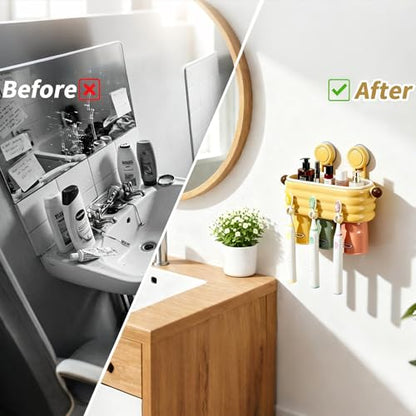 Toothbrush Holder for Bathroom,3 Cups Toothbrush Holder Set Wall Mounted, Ideal Bathroom Accessories Organization (Cream Powder) - color: Cream Powder