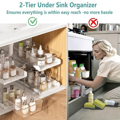 2 Pack Bathroom Organizer,2 Tier White Under Sink Organizers Vanity Countertop Storage Container,Cabinet Drawers Bins, Pull-Out Organization with Track for Pantry, Kitchen