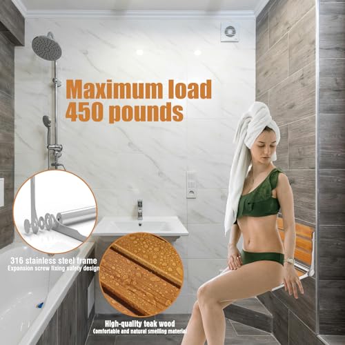 Folding Shower Seat Wall Mounted Shower Bench Teak Folding Shower Chair Wood Seat 316 Stainless Steel Frame Fold Down Shower Seat 600 lbs,1 Pack - color: Teak Wood