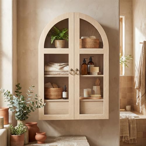 Medicine Cabinet with Tempered Glass Door, Arched Bathroom Wall Cabinet with Adjustable Shelf, for Kitchen, Living Room, Entryway, Laundry Room, Apartment, Office, Small Space, Oak - color: Oak, size: 35 H-Glass