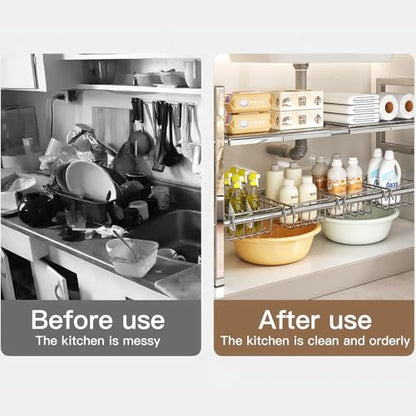 Large Under Sink Organizer 2 Tier Expandable Heavy Stainless Steel Shelf Adjustable Height for Under Kitchen Bathroom Sink Organizers and Storage (Large Size: 4 Panels 4 Storage Baskets) - size: Large size: 4 panels 4 storage baskets