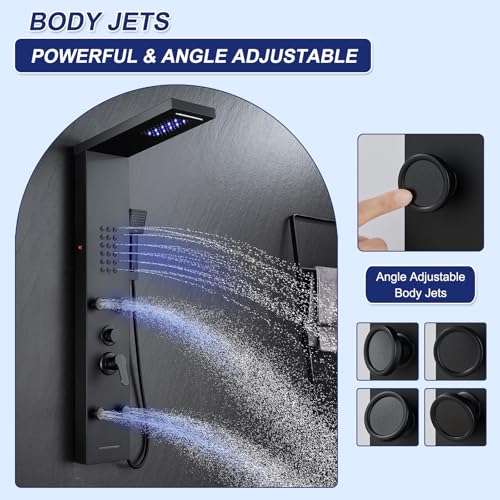 ROVATE 5 in 1 LED Rainfall Waterfall Shower Panel, Matte Black | High Pressure Stainless Steel Shower Tower with 4 Angle Adjustable Body Jets, Flexible Handheld, Waterfall Tub Spout