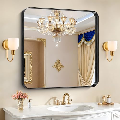 CIRCUMI Black Bathroom Mirror, 36"x36" Rectangular Mirror for Vanity | Deep Metal Frame, Rounded Corner, Shatter proof, Tempered Glass, Installed Vertically/Horizontally, Mirror for Wall,Over Sink - color: Rounded Corner Black, size: 36"L x 36"W