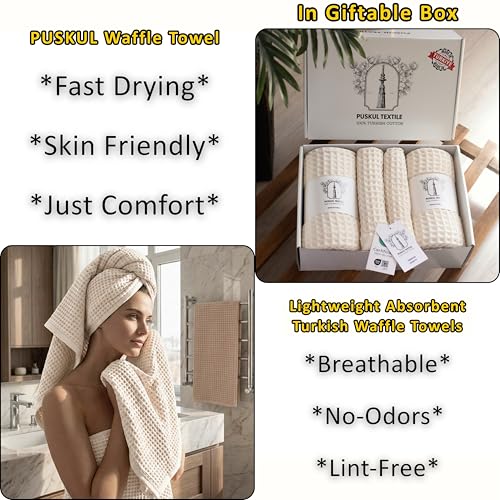 PÜSKÜL Raw-Undyed Natural 100% Turkish Cotton Waffle Towels Set of 4-Piece | 2-Bath sheet (Extra-large 32x63") and 2-Hand towel (Large 32x16"). Premium honeycomb-waffle weave, oeko-tex made in Turkiye. - color: Natural Beige