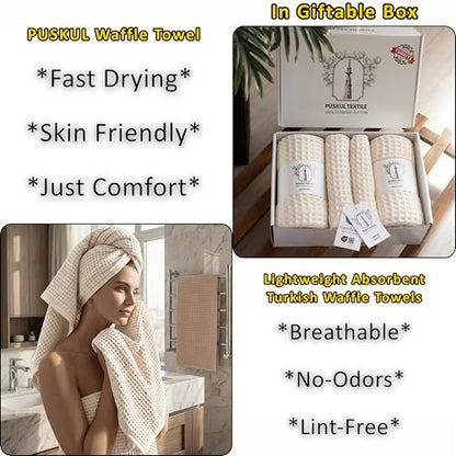 PÜSKÜL Raw-Undyed Natural 100% Turkish Cotton Waffle Towels Set of 4-Piece | 2-Bath sheet (Extra-large 32x63") and 2-Hand towel (Large 32x16"). Premium honeycomb-waffle weave, oeko-tex made in Turkiye. - color: Natural Beige