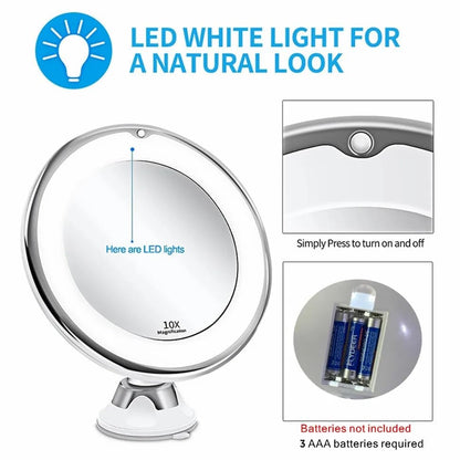 Generic Magnifying Makeup Mirror with 10X Magnification, 14 LED Lights, 360 Degree Rotation, Portable with Suction Cup, Magnifying Mirror with Light, Travel Vanity Mirror, White