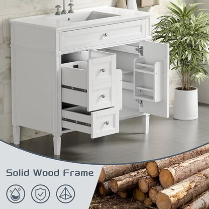 36" Bathroom Vanity with Sink, Solid Wood Frame Modern Bathroom Vanity, Bathroom Single Sink Cabinet with Charging Station, White - color: White, size: 36 inch