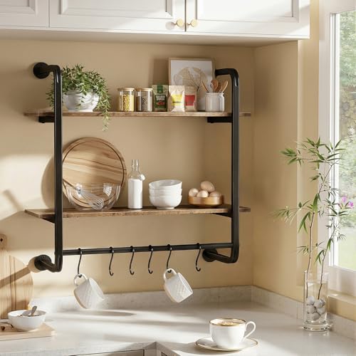 2 Tier Industrial Pipe Floating Shelf, 24" Kitchen Wall Shelves | with Towel Bar & 6 Hooks, Coffee Bar Shelves Display Bookshelf Wall Shelf for Kitchen, Bathroom, Home Décor, Rustic Brown - size: 24 Inch（2 Tier）