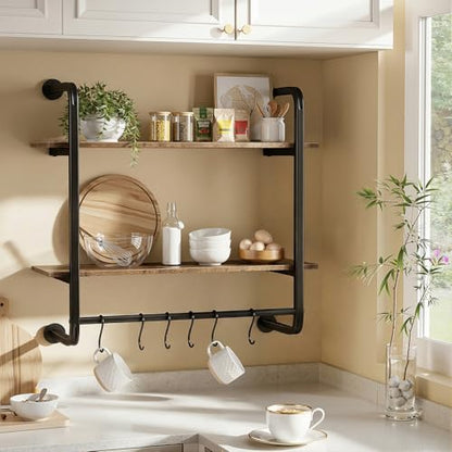 2 Tier Industrial Pipe Floating Shelf, 24" Kitchen Wall Shelves | with Towel Bar & 6 Hooks, Coffee Bar Shelves Display Bookshelf Wall Shelf for Kitchen, Bathroom, Home Décor, Rustic Brown - size: 24 Inch（2 Tier）