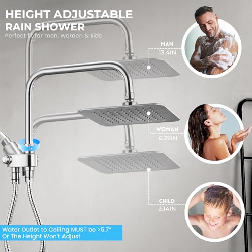 Dual Shower Head Combo, 8'' High Pressure Rain Shower Head with Handheld Spray, 6+1 Spray Settings Handheld Showerhead, Height Adjustable, One-touch Pause Button, Chrome Polished - color: Bright Silver
