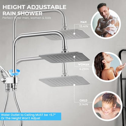 Dual Shower Head Combo, 8'' High Pressure Rain Shower Head with Handheld Spray, 6+1 Spray Settings Handheld Showerhead, Height Adjustable, One-touch Pause Button, Chrome Polished - color: Bright Silver