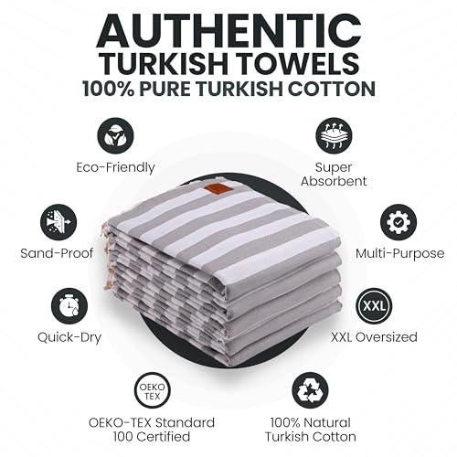 Gold CASE Turkish Beach Towel Set of 5 – 100% Cotton Beach Towels Oversized 70x38'' – MYRA Quick Dry Swim Towel – Lightweight Turkish Towels Set in Grey - color: Grey, size: Beach-Bath Towel Set of 5