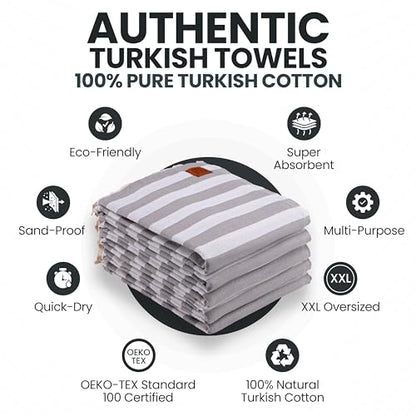 Gold CASE Turkish Beach Towel Set of 5 – 100% Cotton Beach Towels Oversized 70x38'' – MYRA Quick Dry Swim Towel – Lightweight Turkish Towels Set in Grey - color: Grey, size: Beach-Bath Towel Set of 5