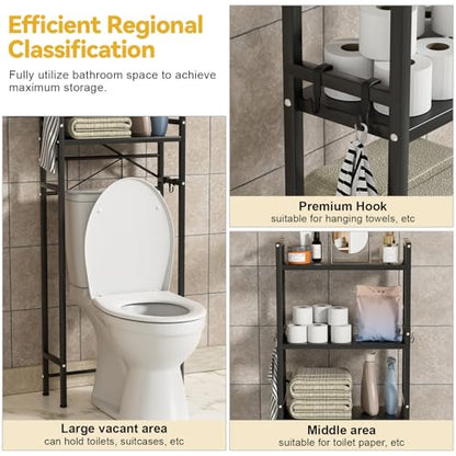 Over The Toilet Storage Carbon Steel, Bathroom Over Toilet Organizer Rack with Adjustable Shelf, 3-Tier Freestanding Above Toilet Shelf for Bathroom, Laundry, Space Saver,18.9"Wx7.9"D x65"H