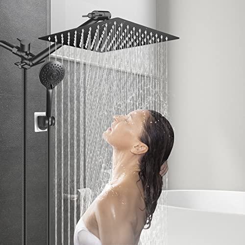 12” Black High/Low Pressure Water Rain Shower Head with 11” Extension Arm | 5 Settings Handheld Shower Head Combo,Powerful Shower Spray - Matte Black, Powerful Shower Spray Against Low Pressure Water - color: Black, size: 12" Showerhead Set
