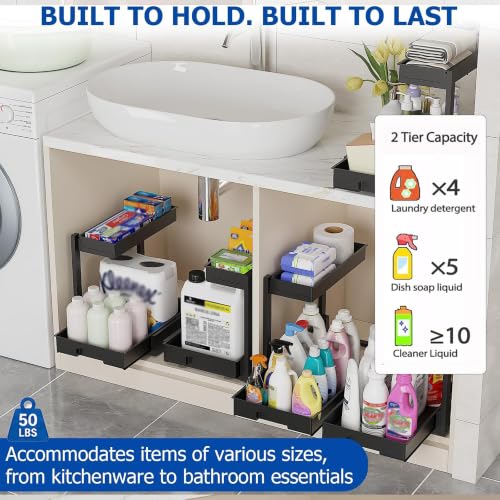 BLULEE 2 Pack Under Sink Organizer, Adjustable Pull Out Storage Rack | L-Shaped Set of 2 Sliding Bathroom Vanity & Kitchen Shelf, Bypasses Pipes, Heavy Duty Metal Frame Fits Tall Bottles