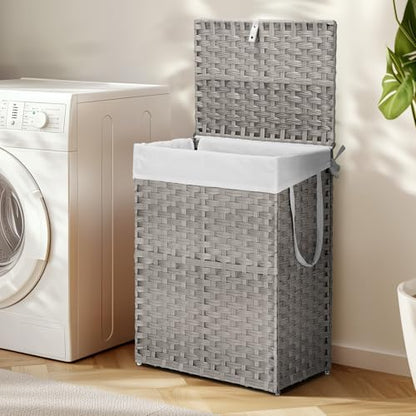 DUMOS Woven Laundry Basket with Lid, 90L Large Capacity Hamper, Removable & Machine-Washable Liner, Foldable Rattan Clothes Hamper, Sturdy Steel Frame, Odor Control, Dove Gray - color: Dove Gray, size: 90L