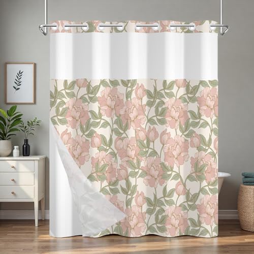 Pink Floral No Hook Shower Curtain and Liner Set, Double-Layer Waterproof Shower Curtains for Bathroom, Washable Shower Curtain with Snap in Liner, Weighted Bottom and Mesh Top Window, 71x74 Inches - color: Pink Flowers