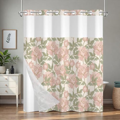 Pink Floral No Hook Shower Curtain and Liner Set, Double-Layer Waterproof Shower Curtains for Bathroom, Washable Shower Curtain with Snap in Liner, Weighted Bottom and Mesh Top Window, 71x74 Inches - color: Pink Flowers
