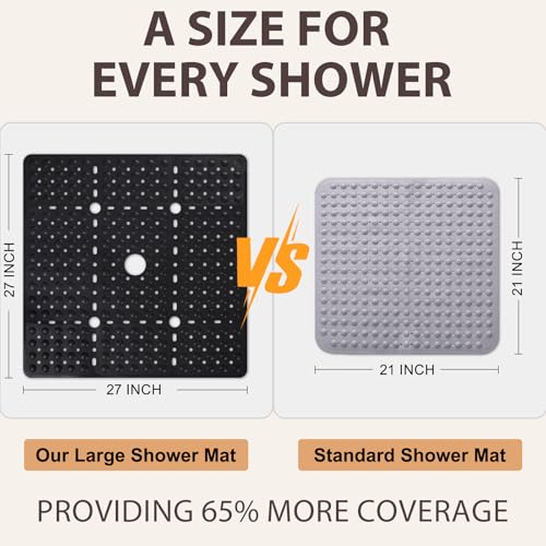 ZOESOE Square Shower Mat Non Slip: 27 x 27 Inches Large Shower Mats for Inside Shower, Soft TPE Shower Floor Mat with Suction Cups and Drain Holes, Machine Washable - color: Black