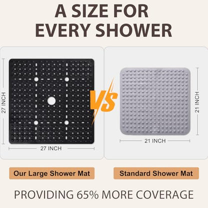 ZOESOE Square Shower Mat Non Slip: 27 x 27 Inches Large Shower Mats for Inside Shower, Soft TPE Shower Floor Mat with Suction Cups and Drain Holes, Machine Washable - color: Black