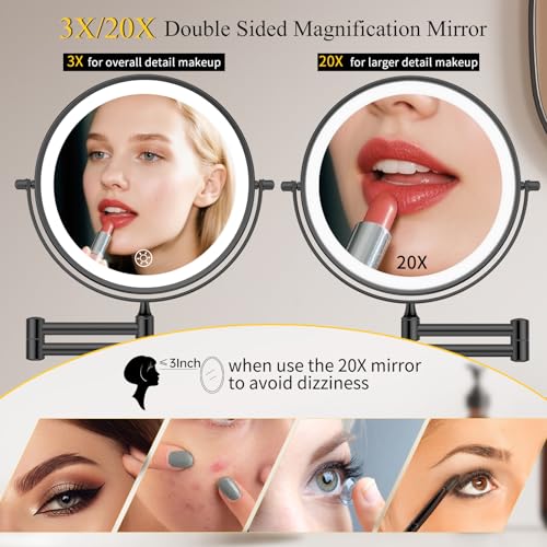 FUNTOUCH 5000mAh Rechargeable Wall Mounted Makeup Mirror with Lights 3X/20X | Double Sided Magnifying,3 Color Lights,Touch Dimmable, Extended Arm 360 Rotation Lighted Bathroom Mirror with Magnification - color: Metal Black