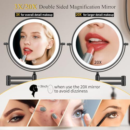 FUNTOUCH 5000mAh Rechargeable Wall Mounted Makeup Mirror with Lights 3X/20X | Double Sided Magnifying,3 Color Lights,Touch Dimmable, Extended Arm 360 Rotation Lighted Bathroom Mirror with Magnification - color: Metal Black