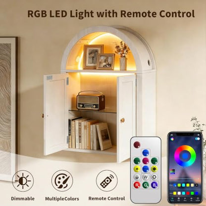 Bathroom Wall Cabinet with LED Light, Over The Toilet Storage Cabinet, Arched Bathroom Cabinet Wall Mount with 2 Doors & Adjustable Shelves, Above Bathroom Sink Cabinet for Laundry Kitchen (White) - color: White