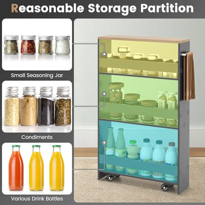 COSTWAY Slim Rolling Storage Cart, 4-Tier Rolling Utility Cart, Wood Kitchen Storage Cart with Handle & Wheels, Narrow Rolling Shelving Unit for Kitchen Bathroom Laundry Small Places (Grey) - color: Grey