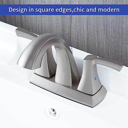 VXV Bathroom Faucet Brushed Nickel, 2 Handles Low Arc Bathroom Sink Faucets, 4 Inch Centerset Bath Lavatory Faucets with Pop-up Drain & Faucet Supply Lines (BN) - color: ‎Brushed Nickel-4 inches