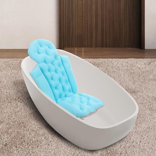 Ciieeo Adult Bathtub Cushion and Non-Slip Bath Mat with Suction Cups, Small Size Blue Full Body Bath Pillow for Adults, Anti-Slip Bathtub Support Cushion for Relaxing Bathing Experience