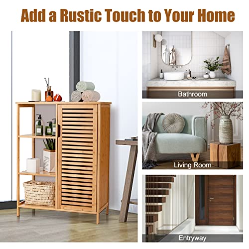 Tangkula Bamboo Bathroom Floor Cabinet, Storage Cabinet with Shutter Door and 3 Tier Shelves, Freestanding Bathroom Cabinet for Living Room Kitchen Hallway, Natural - style: Single Door