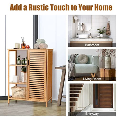 Tangkula Bamboo Bathroom Floor Cabinet, Storage Cabinet with Shutter Door and 3 Tier Shelves, Freestanding Bathroom Cabinet for Living Room Kitchen Hallway, Natural - style: Single Door