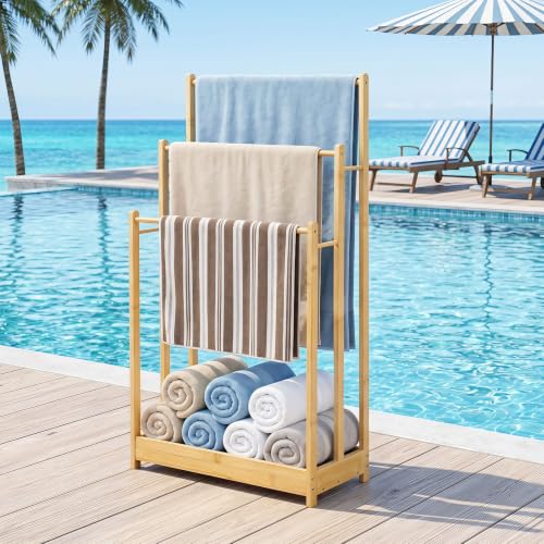 Giantex 3 Tier Free Standing Bamboo Towel Rack with Storage Shelf, Natural | Bath Towel Drying Stand, Blanket Holder for Living Room, Laundry, Bathroom, Poolside, 18" L x 9" W x 34" H - color: Natural