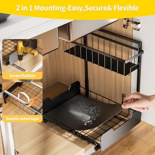 PureBox Under Sink Organizer, 2-Tier L-Shaped Pull Out Cabinet Shelf with 2 Installation Methods, Adjustable Sliding Storage Drawer for Kitchen, Bathroom, Laundry, Metal, Black, 2-Pack - size: 2 Pack