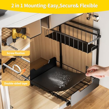 Under Sink Organizer, 2-Tier L-Shaped Pull Out Cabinet Shelf with 2 Installation Methods, Adjustable Sliding Storage Drawer for Kitchen, Bathroom, Laundry, Metal, Black, 2-Pack - size: 2 Pack