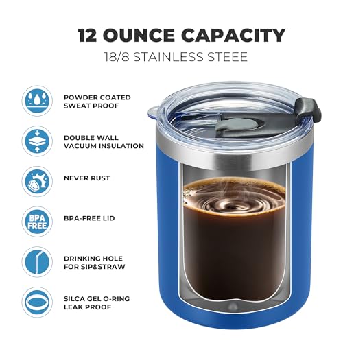 MEWAY 12 oz Lowball, Tumbler Stainless Steel Double Wall Vacuum Insulated Mug with Straw and Lid, Cleaning Brush ，Durable Powder Coated Insulated Coffee Cup for Cold & Hot Drinks (Navy,4 pack) - color: Navy