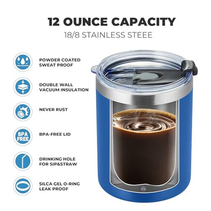 MEWAY 12 oz Lowball, Tumbler Stainless Steel Double Wall Vacuum Insulated Mug with Straw and Lid, Cleaning Brush ，Durable Powder Coated Insulated Coffee Cup for Cold & Hot Drinks (Navy,4 pack) - color: Navy
