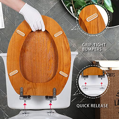 Angel Shield Elongated Toilet Seat Wood Veneer Natural Soft Close | Quick Release Metal Hinges, Adjustable Fit for Standard Elongated Toilets, Easy to Install&Clean - color: Wood, size: Elongated