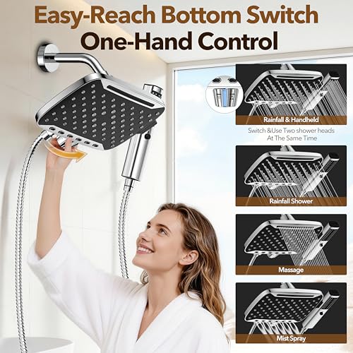 JDO High Pressure Rain Shower Head with Handheld Spray Silver | 7 Modes Dual Shower Head, 10-inch Rainfall Showerheads Combo, Detachable Hand Held Shower Wand, Power Jets, 71" Hose - color: Silver