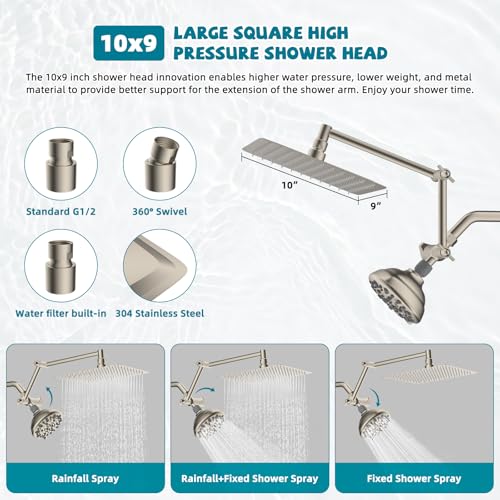 All Metal Shower Head, 10" High Pressure Dual Rainfall/Handheld Shower Head Combo with 16" Adjustable Shower Extension Arm, 7 Spray Modes Fixed Showerhead, 3-Way Diverter Valve, Brushed Nickel - color: Brushed Nickel, style: Square
