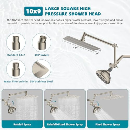 All Metal Shower Head, 10" High Pressure Dual Rainfall/Handheld Shower Head Combo with 16" Adjustable Shower Extension Arm, 7 Spray Modes Fixed Showerhead, 3-Way Diverter Valve, Brushed Nickel - color: Brushed Nickel, style: Square