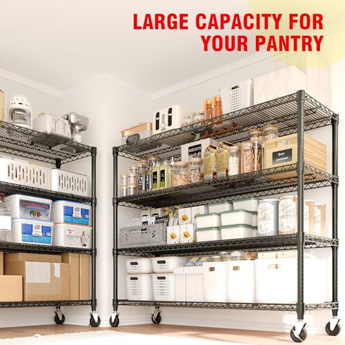 59" W Storage Shelves 2640LBS Heavy Duty Garage Shelving Units with Wheels and Adjustable Shelf, 4-Tiers Wire Shelving Rack for Garage Pantry Kitchen Warehouse Industrial - size: 4-Tier, 17.7"D*59"W*71.8"H